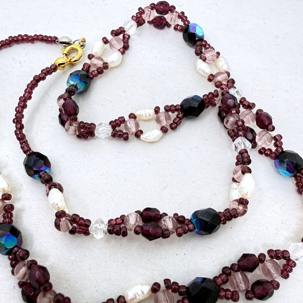 Garnet and‎ Pearl Beaded Necklace Purple Iridescent Glass Whimsigoth Delicate